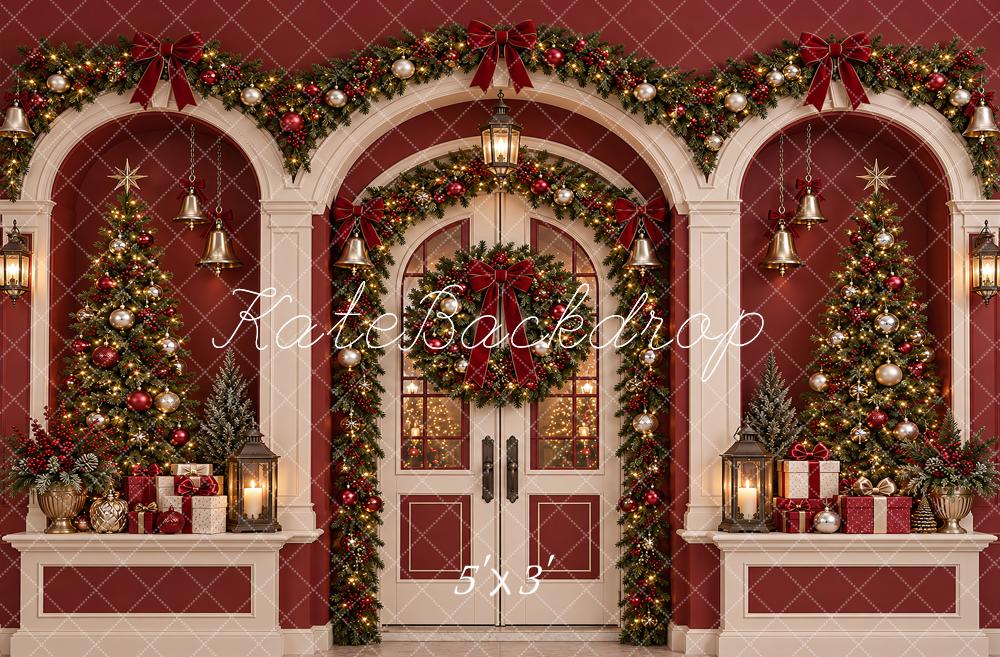 Kate Christmas Red Doorway Arch Garland Wreath Bells Printed Backdrop Designed by Vertigo Productions