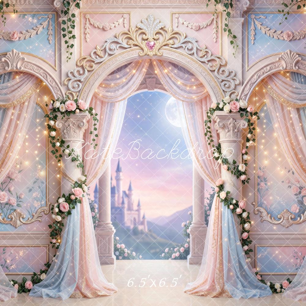 Kate Fairy Fantasy Pink Castle Rose Arch Printed Backdrop Designed by Mini MakeBelieve