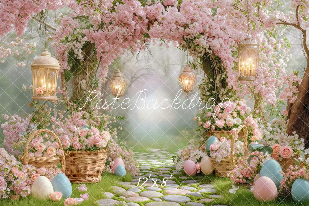 Kate Easter Bunny Flower Arch Pink Cobblestone Path Printed Backdrop Designed by Emetselch
