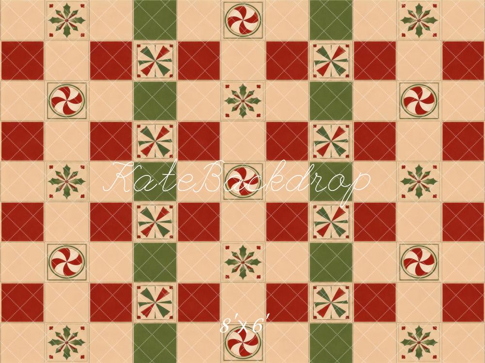 Kate Christmas Patchwork Peppermint Holly Checkerboard Floor Printed Backdrop Designed by Vertigo Productions