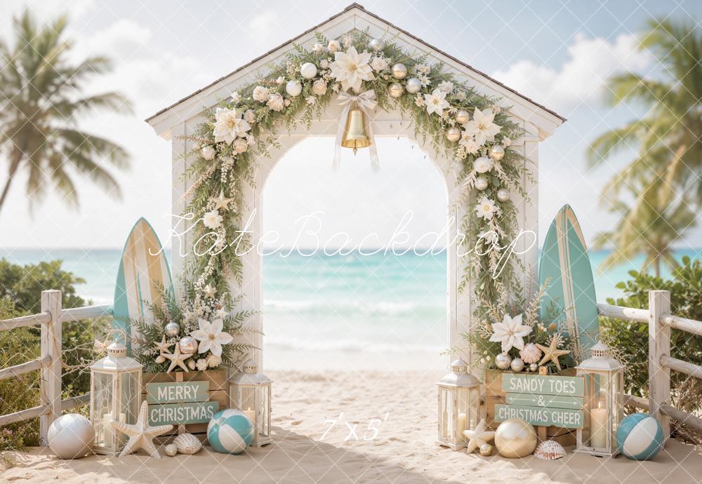 Kate Christmas Beach Arch Surfboards Garland Palm Trees Printed Backdrop Designed by Emetselch