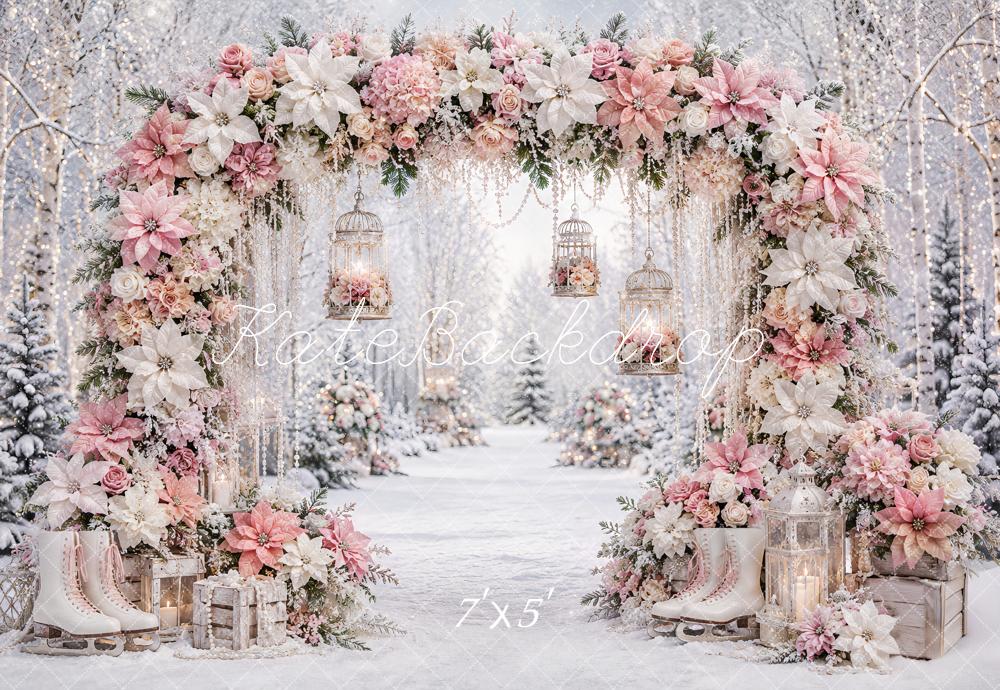 Kate Christmas Winter Pink Poinsettias Flower Arch Ice Skates Printed Backdrop Designed by Ashley Paul