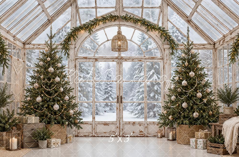 Kate Christmas Vintage Greenhouse Christmas Trees Garland Snowy Printed Backdrop Designed by Emetselch
