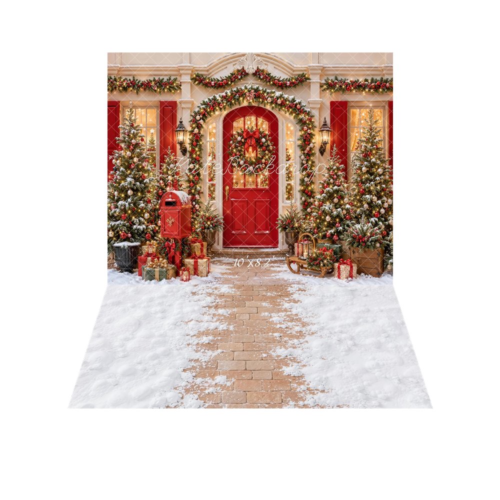 Kate Christmas Red Door Wreath Garland Trees Mailbox Printed Backdrop+Winter Snow Brick Floor Printed Backdrop