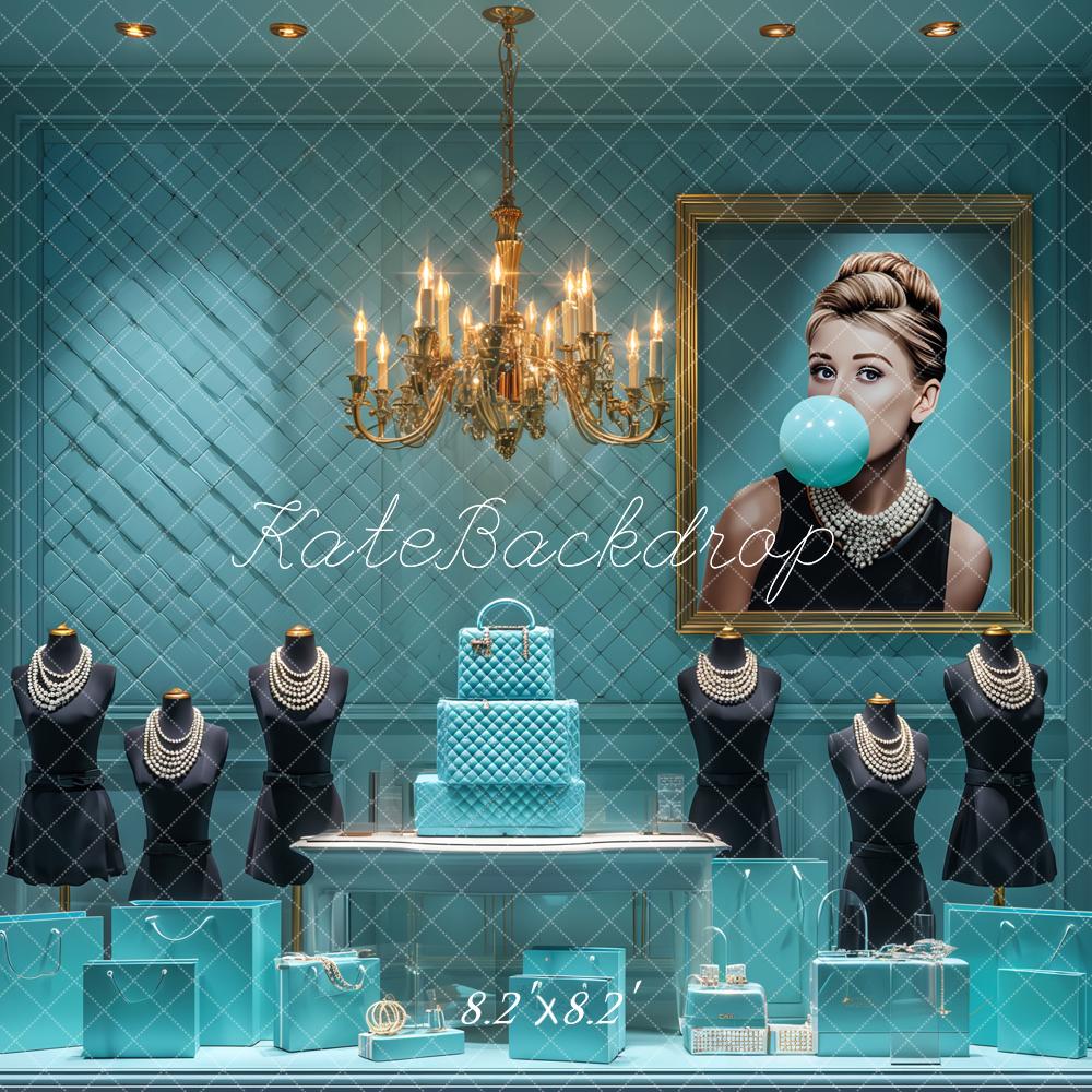 Kate Luxury Blue Pearls Jewelry Display Chandelier Shopping Backdrop Designed by Ashley Paul