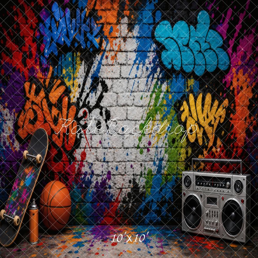 Kate Graffiti Brick Wall Skateboard Basketball Boombox Printed Backdrop Designed by Vertigo Productions