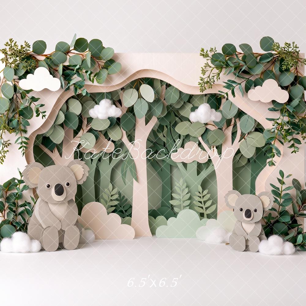 Kate Cake Smash Paper Forest Koala Eucalyptus Greenery Printed Backdrop Designed by Angela Miller