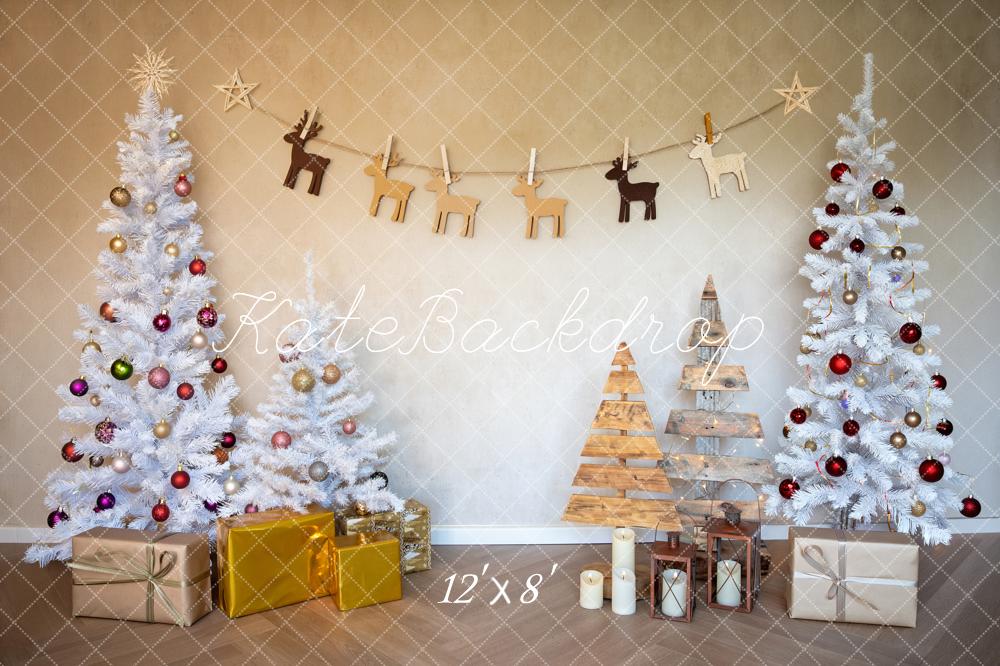 Kate Christmas White Trees Wood Reindeer Garland Gold Presents Printed Backdrop Designed by Fantasyphotoart