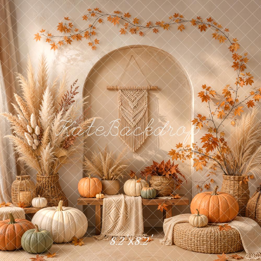 Kate Fall Boho Pumpkin Pampas Grass Arch Cozy Wicker Printed Backdrop Designed by Emetselch
