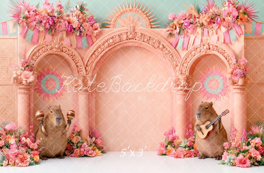Kate Cake Smash Pink Arch Capybara Musicians Flower Printed Backdrop Designed by Angela Miller