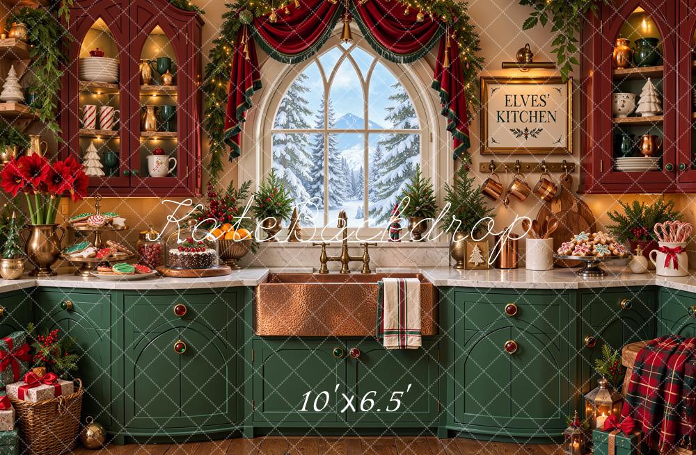 Kate Christmas Kitchen North Pole Elf Arched Window Garland Green Printed Backdrop Designed by Shutter Swan Studios