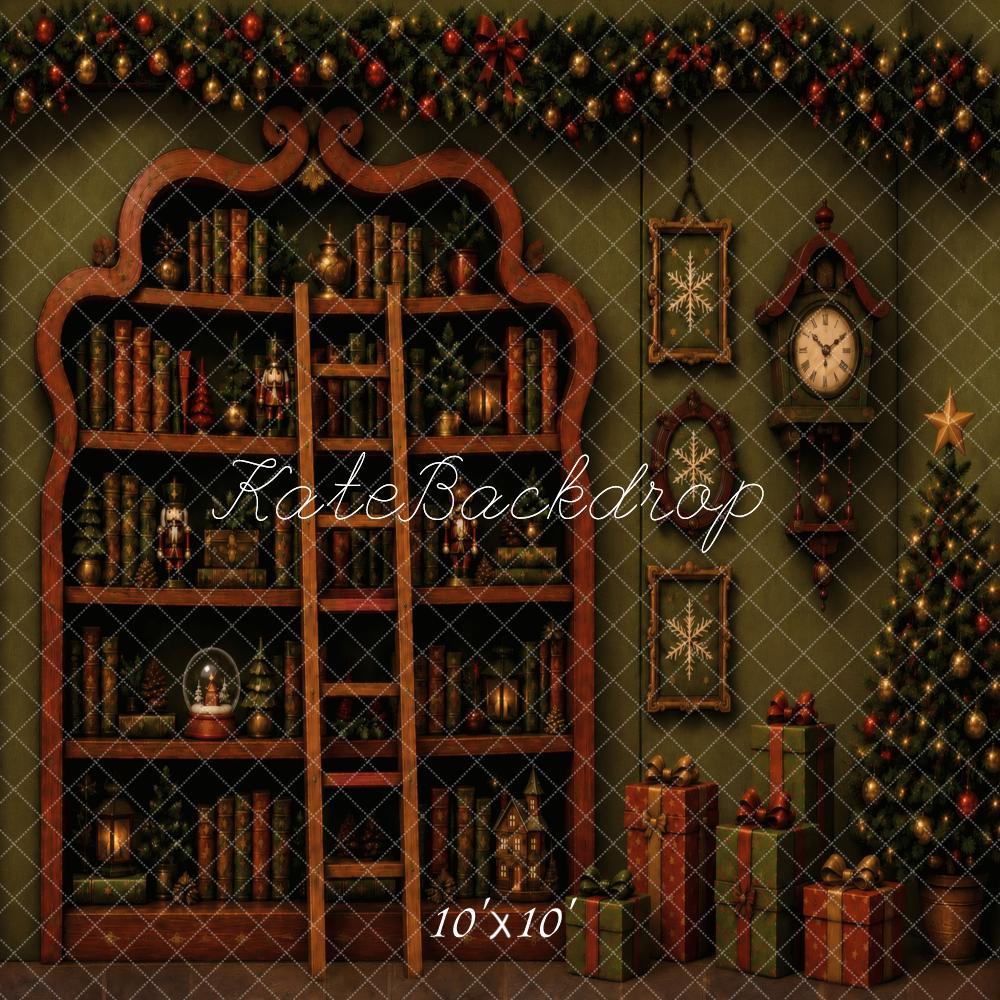 Kate Christmas Fantasy Green Bookshelf Tree Ladder Gifts Printed Backdrop Designed by Vertigo Productions