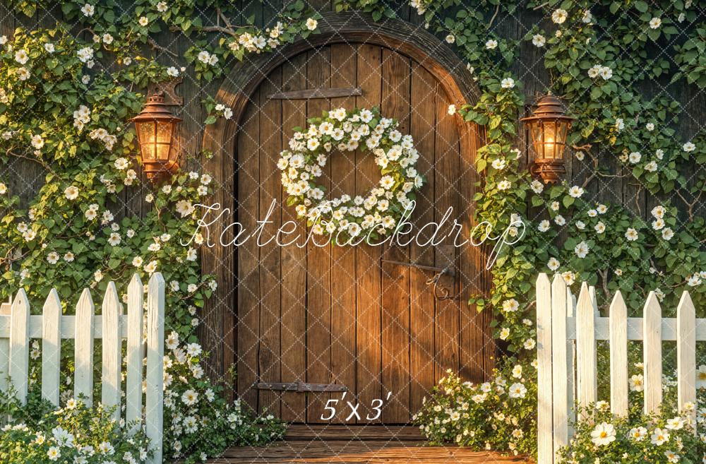 Kate Spring Wooden Door White Floral Wreath Garden Fence Backdrop Designed by Emetselch
