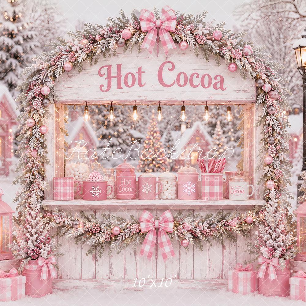 Kate Christmas Pink Hot Cocoa Stand Snowy Village Printed Backdrop Designed by Ashley Paul