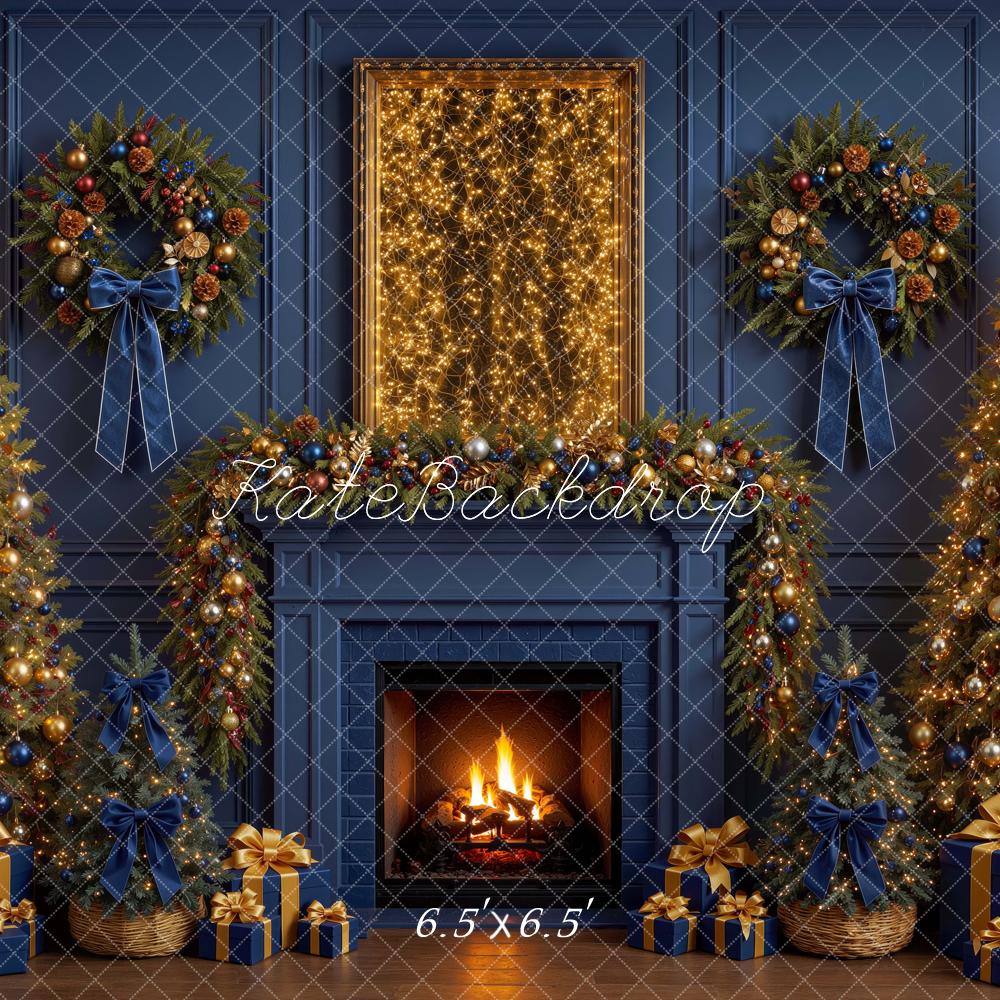 Kate Christmas Blue Bow Gold Trees Fireplace Wreath Printed Backdrop Designed by Mini MakeBelieve