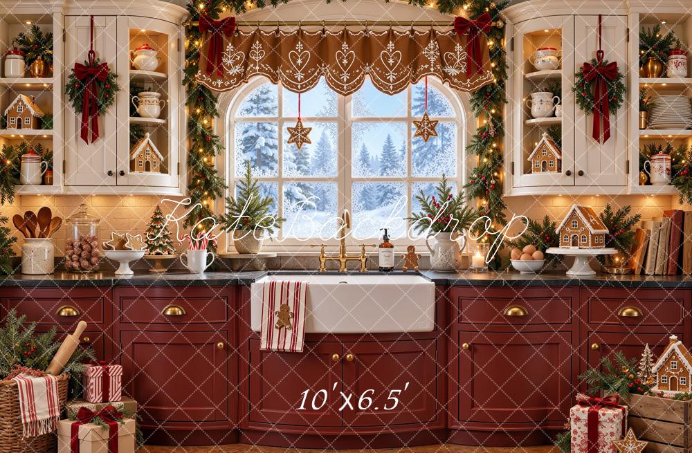 Kate Christmas Kitchen Gingerbread Window Red White Cabinet Printed Backdrop Designed by Shutter Swan Studios