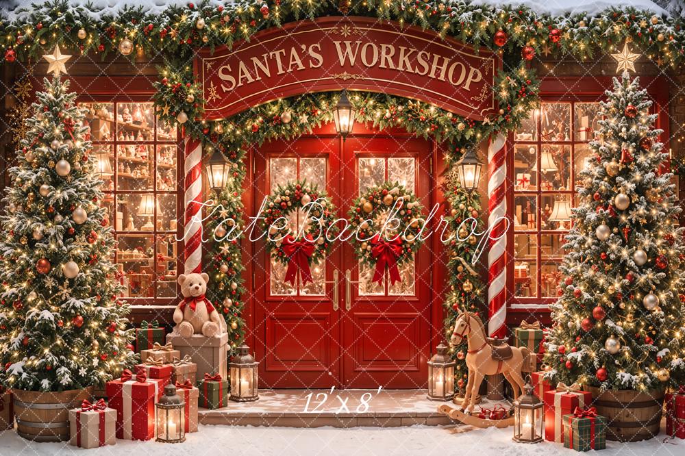 Kate Christmas Santa's Workshop Red Door Trees Presents Printed Backdrop Designed by Emetselch