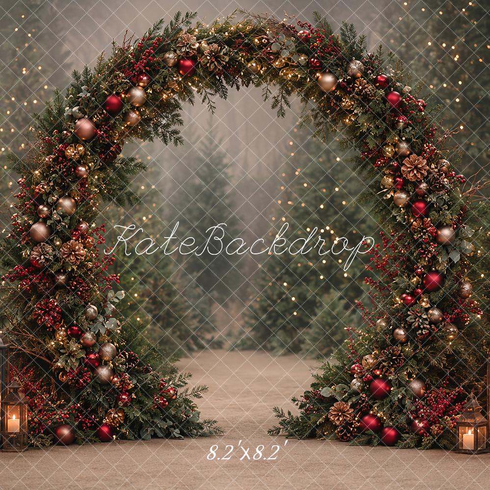 Kate Christmas Evergreen Garland Arch Forest Lanterns Candlelight Printed Backdrop Designed by Angela Miller