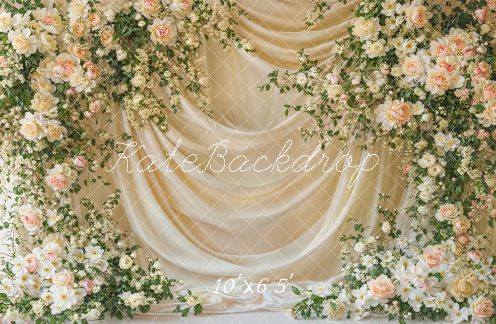 Kate Spring Floral Arch White Drapes Backdrop Designed by Emetselch
