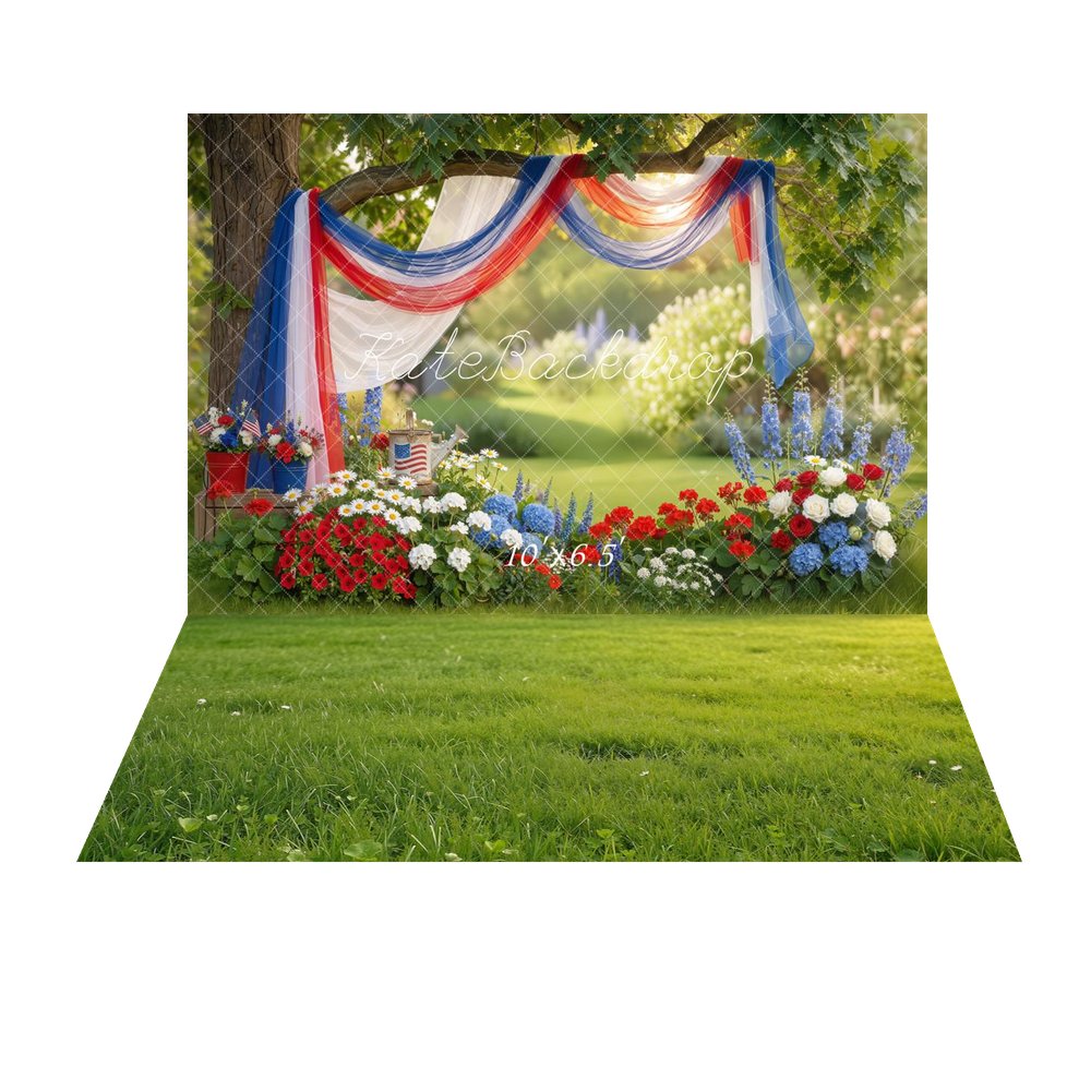 Kate 4th Of July Patriotic Red White Blue Drapes Garden Flowers Printed Backdrop+Summer Green Grass Floor Mat