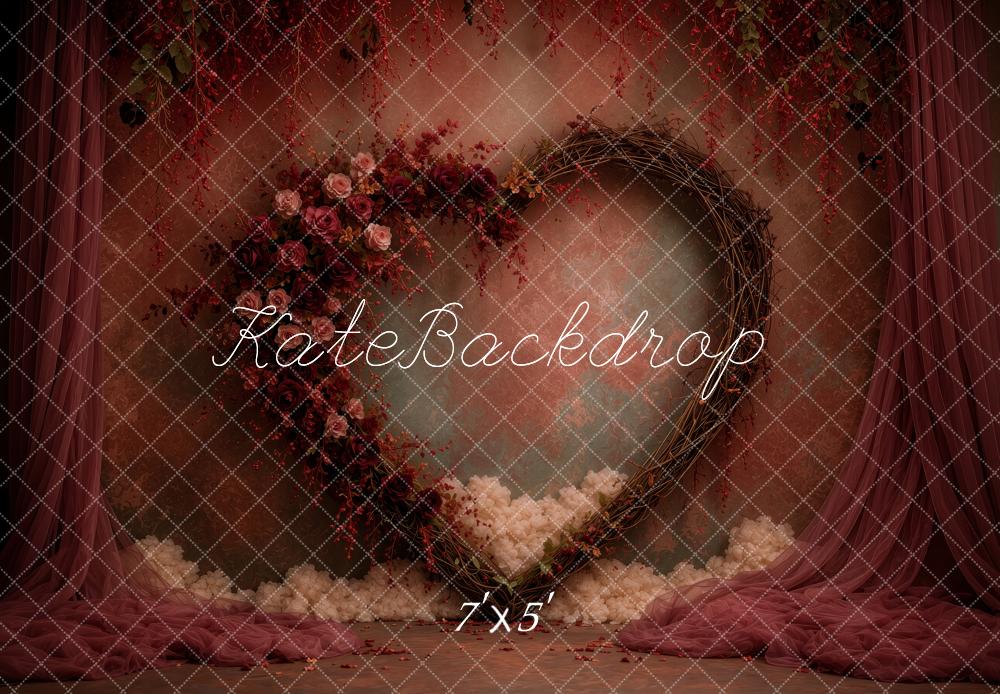 Kate Valentine's Day Burgundy Floral Heart Wreath Printed Backdrop Designed by Ashley Ward
