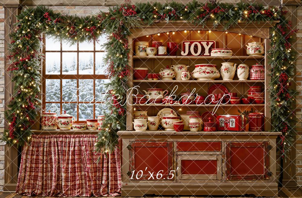 Kate Christmas Kitchen Cabinet Window Garland Cups Dishes Printed Backdrop Designed by Emetselch