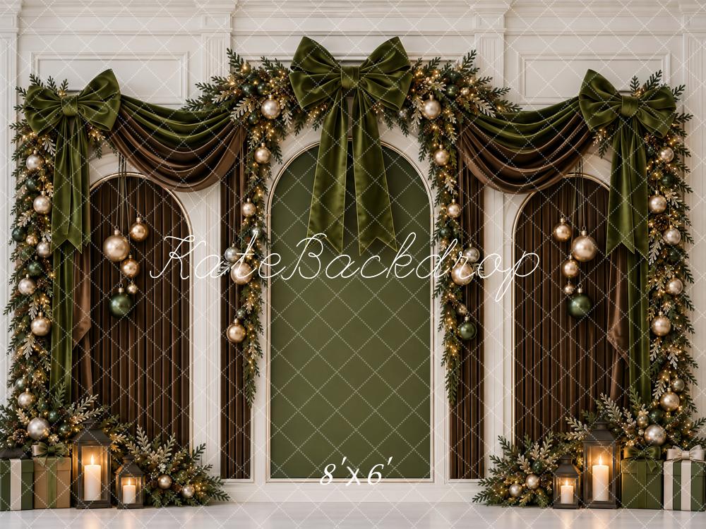 Kate Christmas Arched Wall Green Velvet Bow Garland Printed Backdrop Designed by Ashley Paul