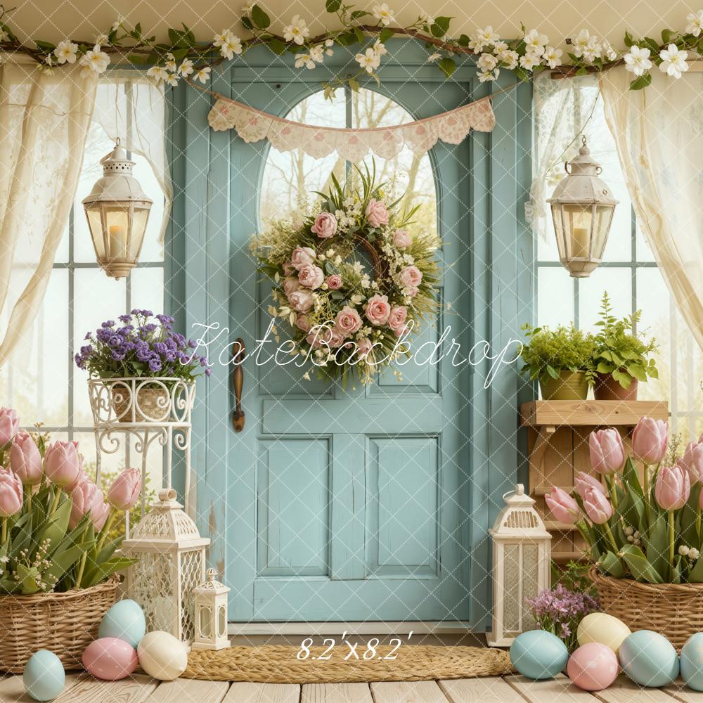 Kate Easter Blue Door Flower Wreath Pastel Eggs Curtains Backdrop Designed by Emetselch