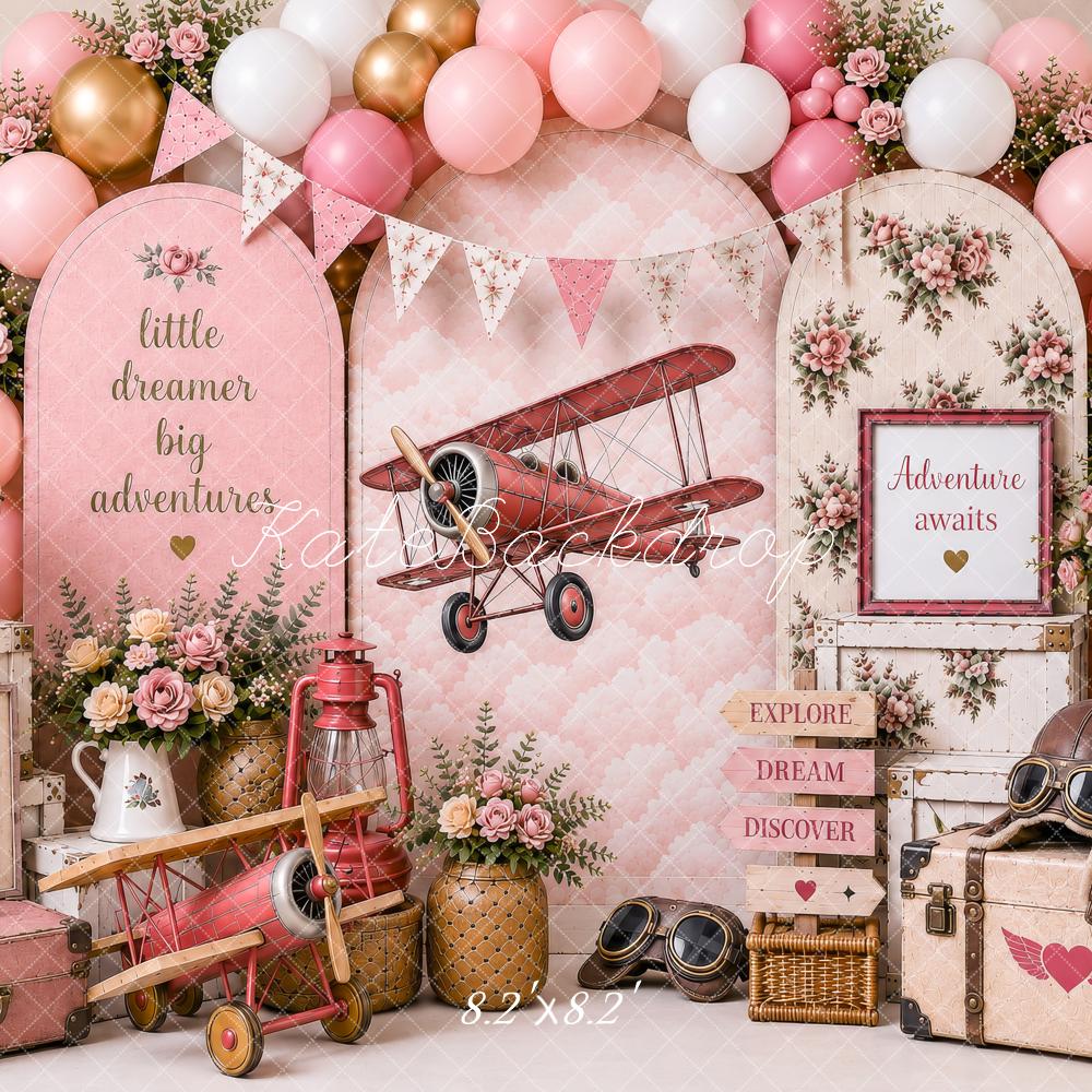 Kate Cake Smash Pink Airplane Balloons Floral Suitcases Adventure Printed Backdrop Designed by Shutter Swan Studios