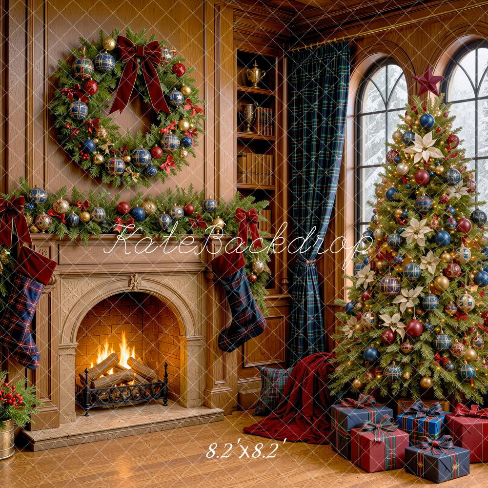 Kate Christmas Fireplace Wreath Tree Blue Plaid Curtains Stockings Gifts Printed Backdrop Designed by Mini MakeBelieve
