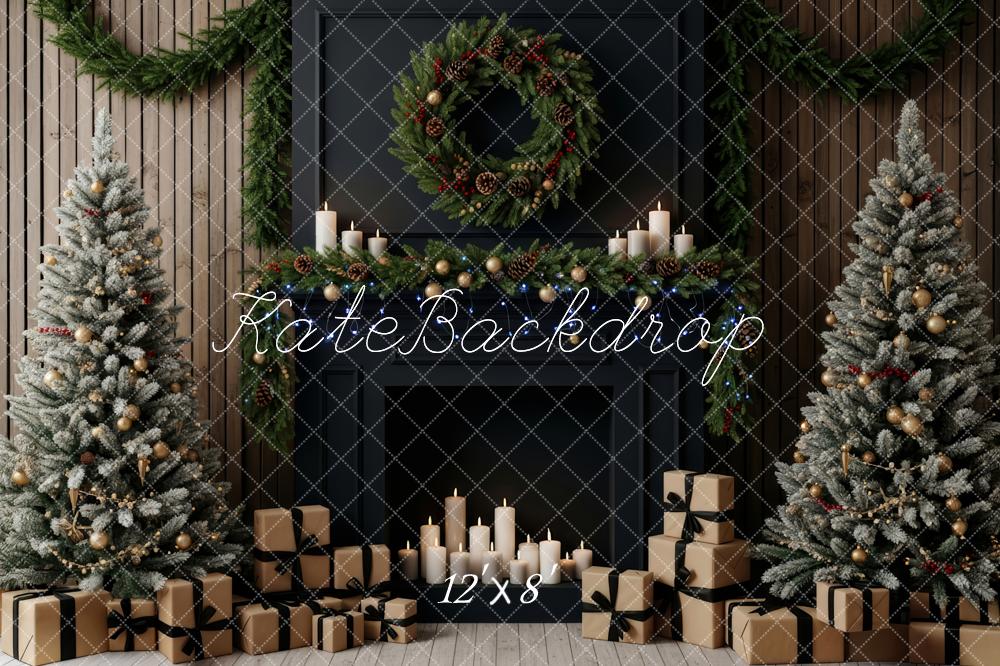 Kate Christmas Fireplace Garland Wreath Frosted Trees Backdrop Designed by Patty Roberts