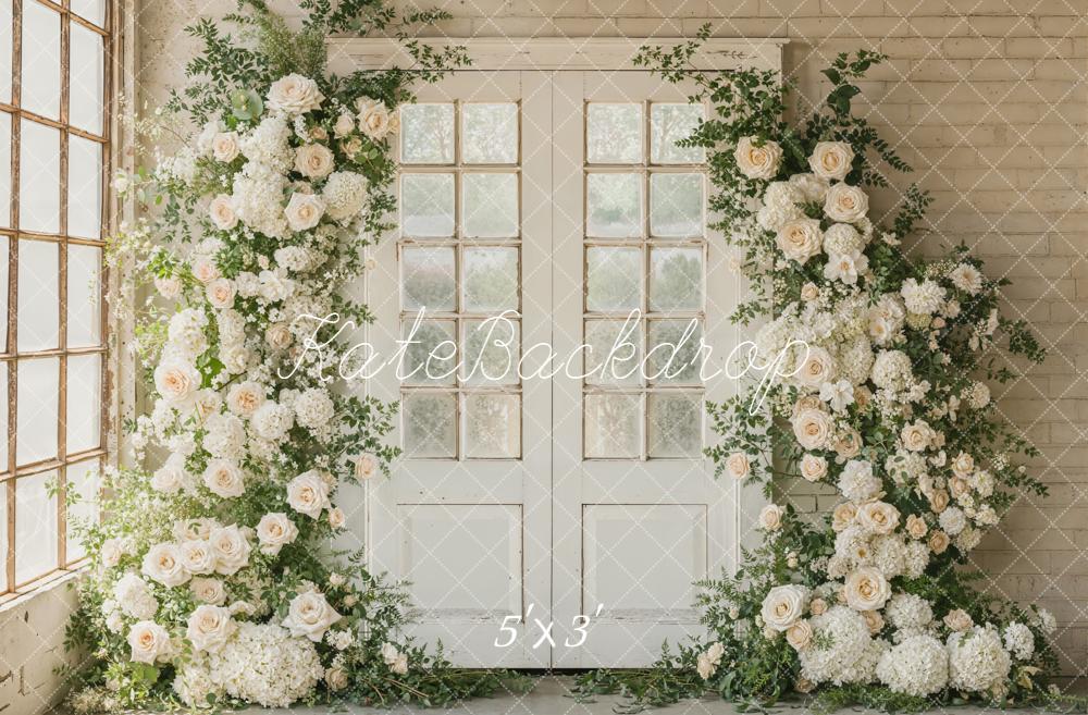Kate Spring Flower Arch French Doors Beige Wall Printed Backdrop Designed by Emetselch