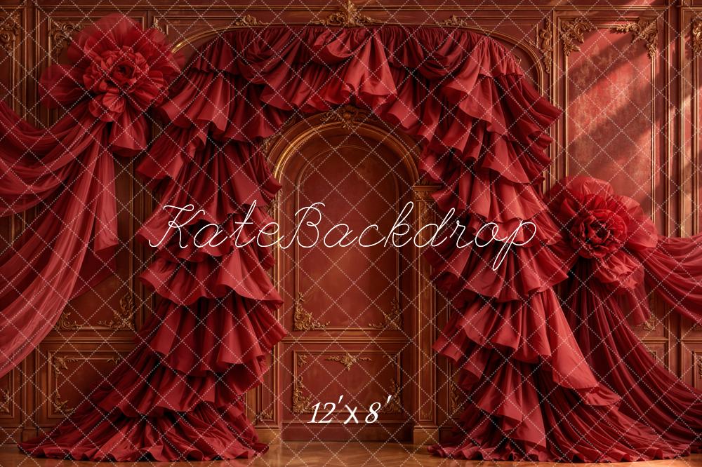 Kate Romantic Red Ruffled Drapery Fabric Rosettes Ornate Retro Wall Printed Backdrop Designed by Emetselch