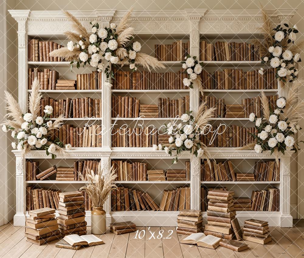 Kate Graduation Bookshelf Brown Books White Flowers Backdrop Designed by Emetselch