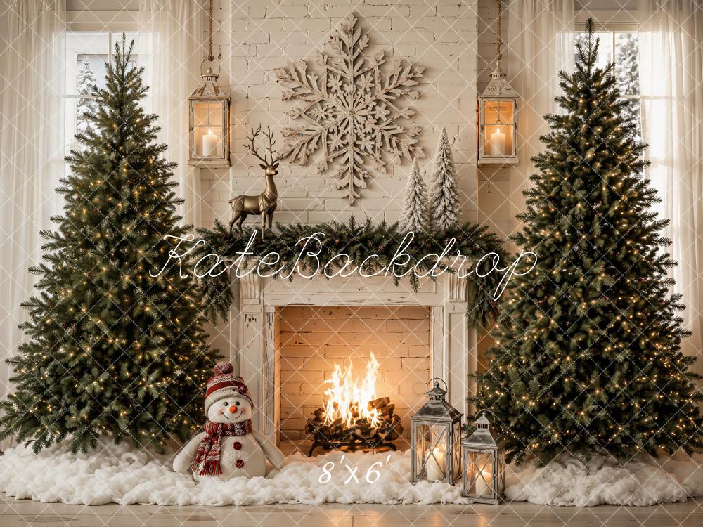 Kate Christmas Trees Snowflake Fireplace Snowman Printed Backdrop Designed by Emetselch
