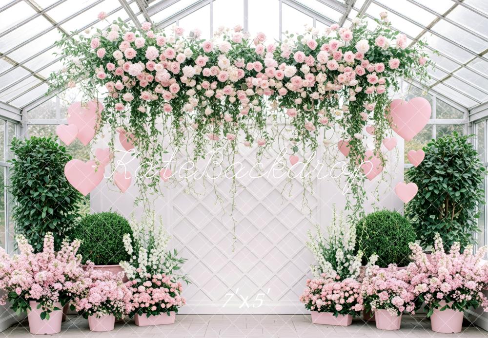 Kate Valentine's Day Flower Arch Pink Roses Heart Balloons Greenery Backdrop Designed by Patty Roberts