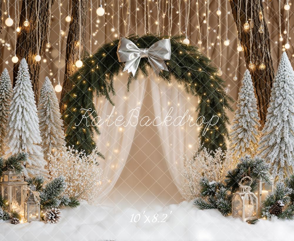 Kate Christmas Bow Arch Snowy Trees Lights Backdrop Designed by Emetselch