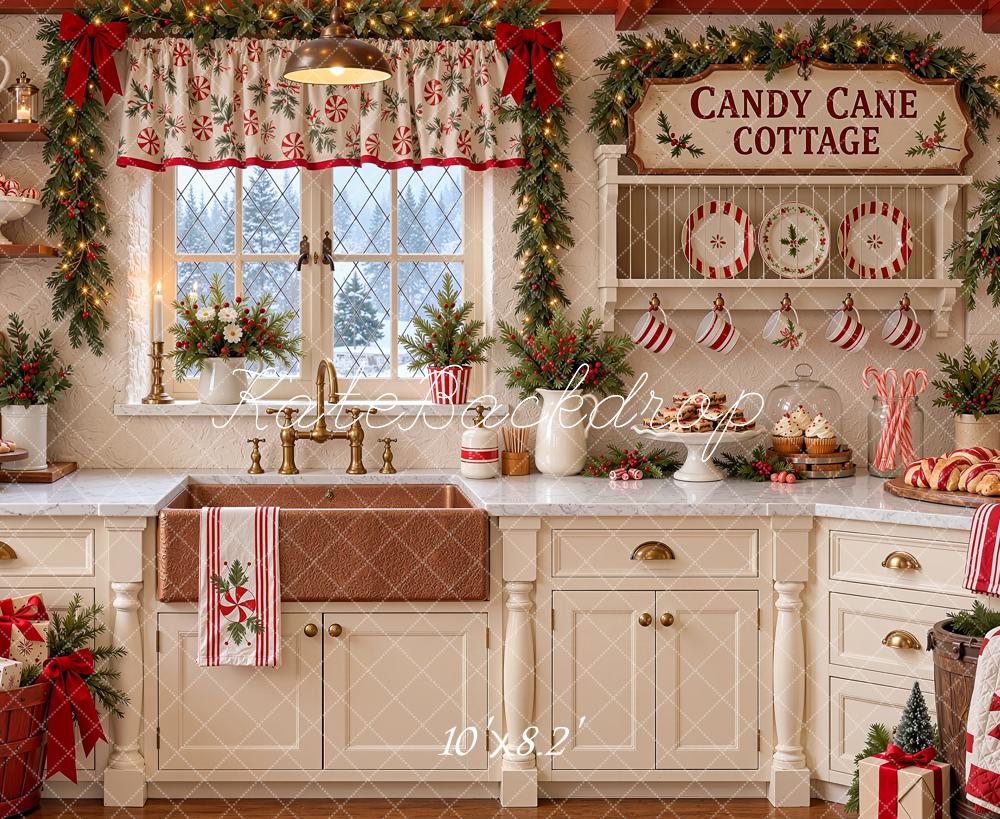 Kate Christmas Kitchen Cottage Candy Cane Rustic Window White Printed Backdrop Designed by Shutter Swan Studios