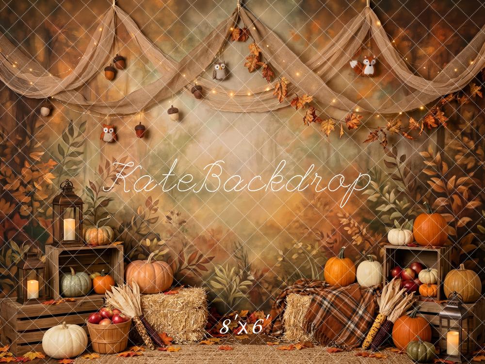 Kate Fall Woodland Harvest Pumpkins Hay Bales Owls Printed Backdrop Designed by Patty Roberts