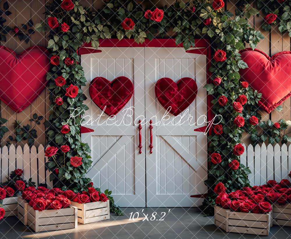 Kate Valentine's Day Barn Door Red Hearts Roses Backdrop Designed by Mini MakeBelieve