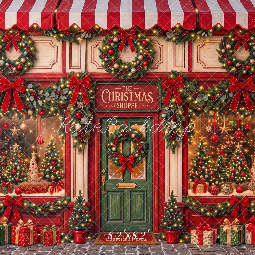 Kate Christmas Storefront Wreaths Gift Boxes Red Striped Awning Bow Printed Backdrop Designed by Angela Miller