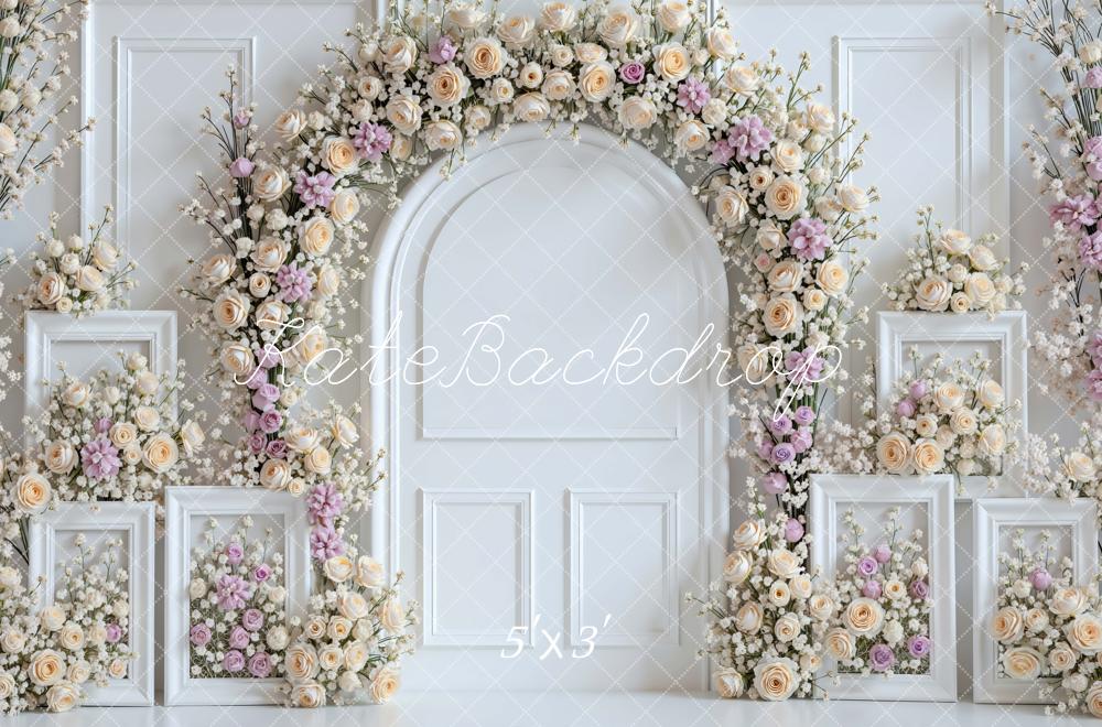 Kate Spring Flower Arch White Wall Frames Pastel Roses Backdrop Designed by Mini MakeBelieve
