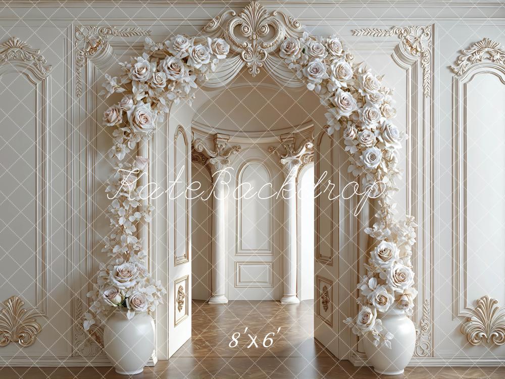 Kate Flower Arch Cream Roses Ornate Wall Printed Backdrop Designed by Mini MakeBelieve