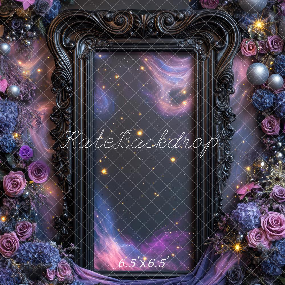 Kate Halloween Purple Flower Frame Ornate Galaxy Lights Backdrop Designed by Mini MakeBelieve