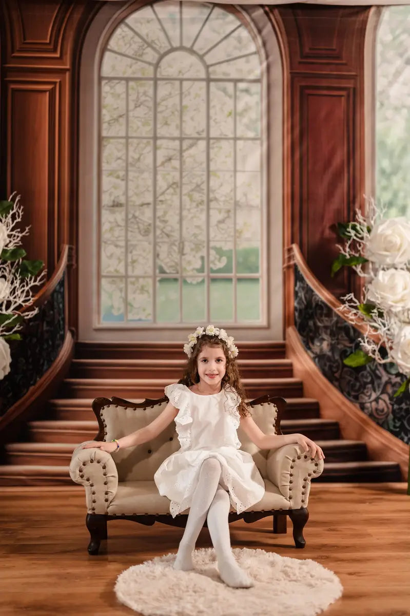 Retro Scale Arcuate Cascading Stairs Floral Backdrop Designed by Mini MakeBelieve