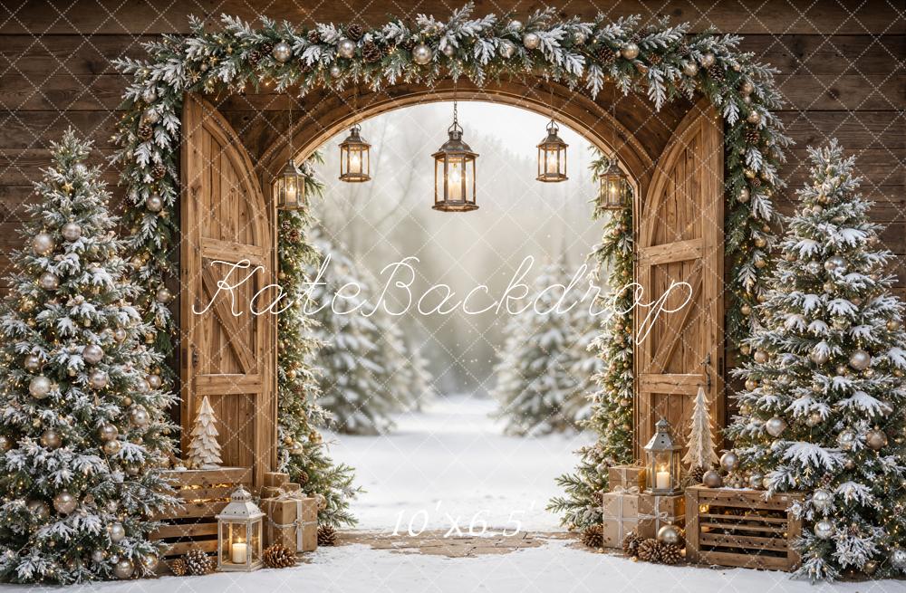 Kate Christmas Rustic Barn Door Snowy Pine Trees Printed Backdrop Designed by Emetselch