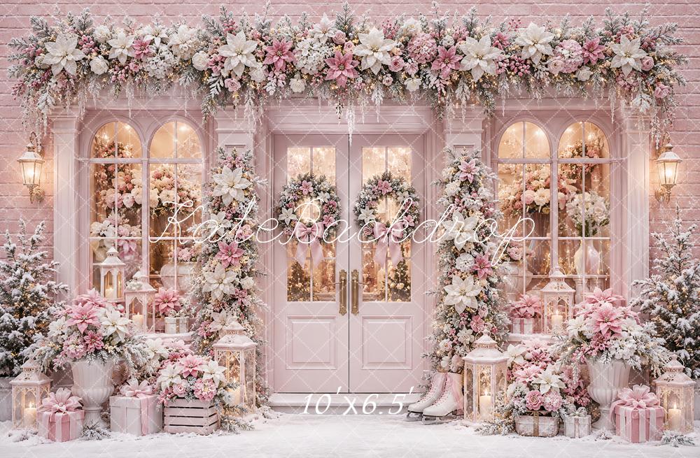 Kate Christmas Pink Snowy Floral Front Door Printed Backdrop Designed by Ashley Paul