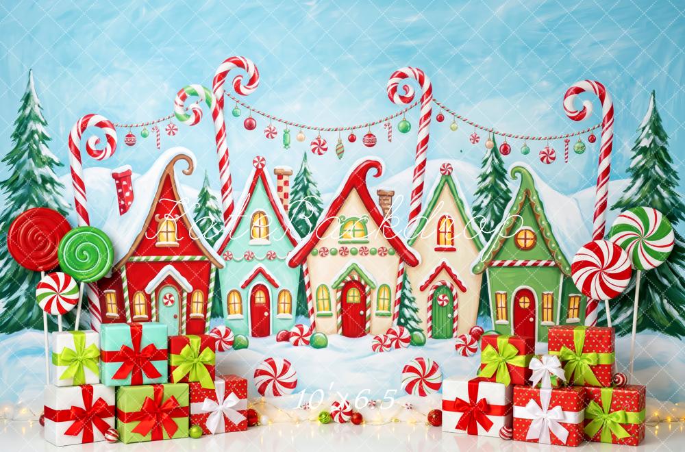 Kate Christmas Whimstical Candy Village Gingerbread Houses Presents Lollipops Printed Backdrop Designed by Patty Roberts