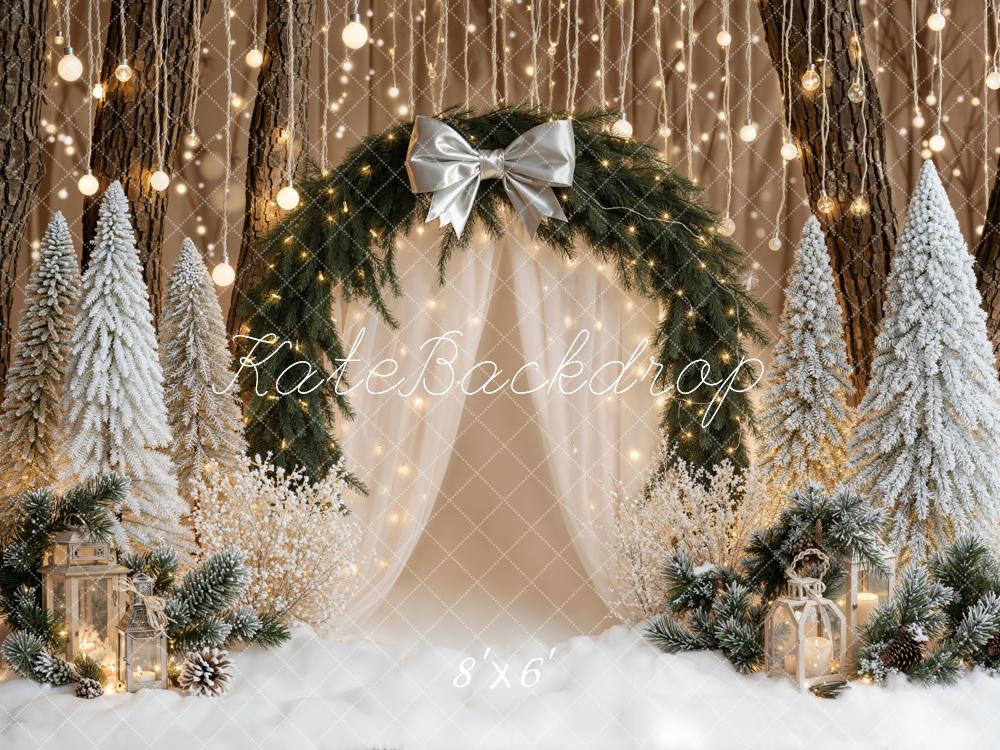 Kate Christmas Bow Arch Snowy Trees Lights Backdrop Designed by Emetselch