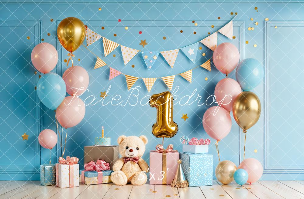 TEST Kate Cake Smash Blue Balloon Bunting Teddy Bear First Birthday Backdrop Designed by Chain Photography